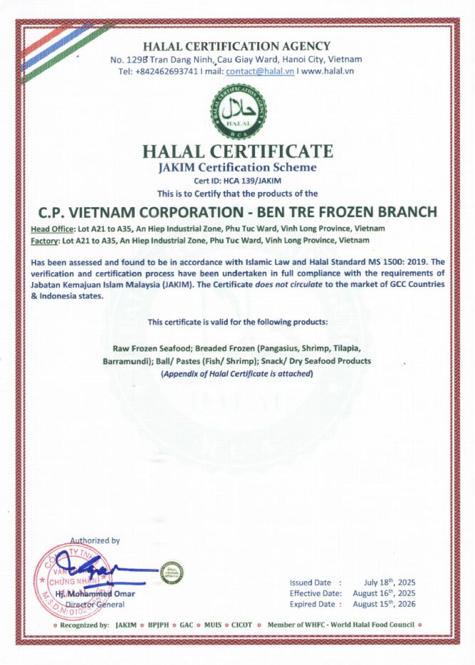Giấy chứng nhận Halal JAKIM của C.P. Việt Nam - chi nhánh đông lạnh Bến Tre